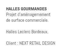 HALLES GOURMANDES Projet d'aménagemement de surface commerciale. Halles Leclerc Bordeaux. Client : NEXT RETAIL DESIGN